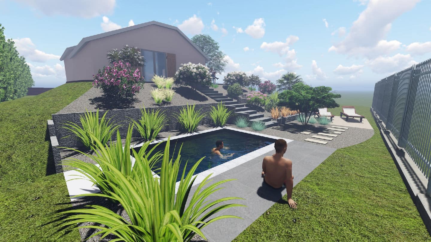 Etude piscine et espaces verts avec denivelle Chatillon sur Chalaronne 1 - Vue 3D