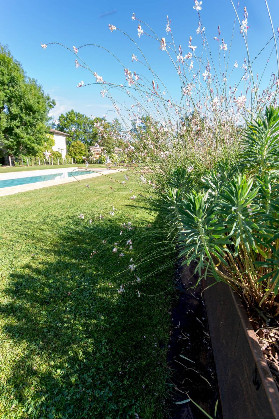 Piscine en briques intégrée dans un environnement verdoyant et naturel