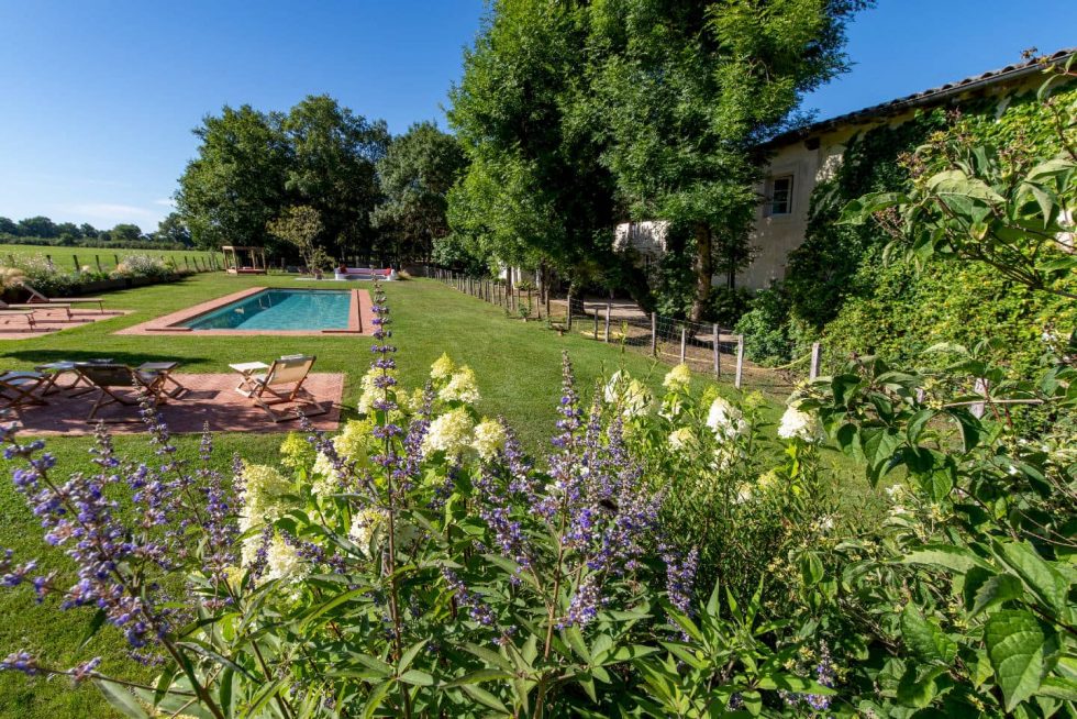 Vue d’ensemble de la piscine et de la terrasse en briques entourée de massifs fleuris dans la Dombes