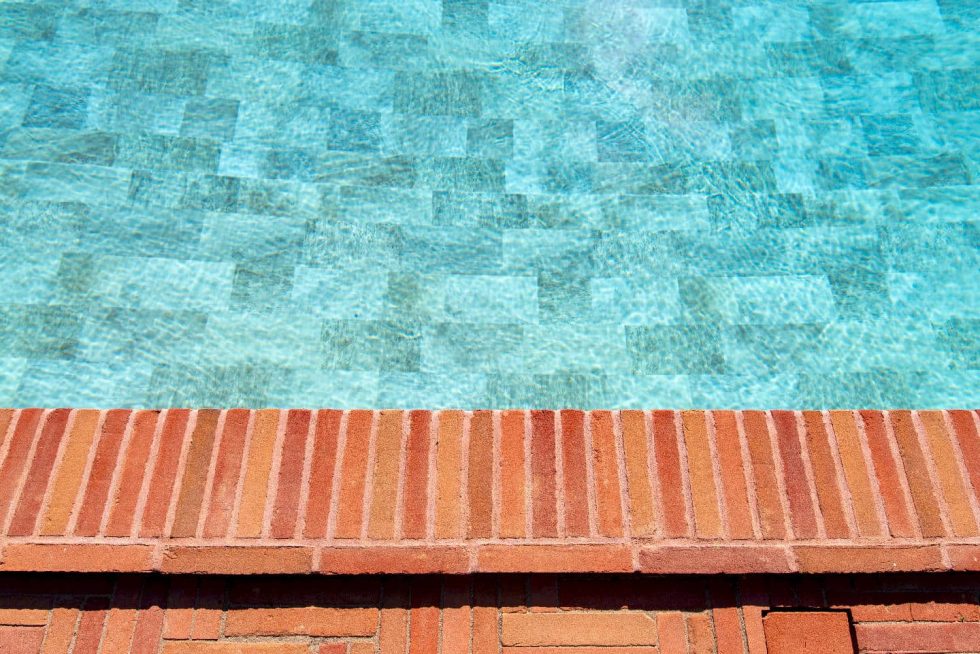 Vue générale de la piscine et du terrain engazonné avec plantations