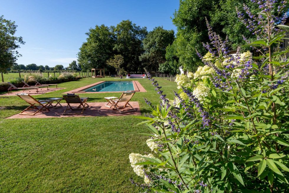 Vue générale de la piscine rectangulaire entourée de briques et intégrée dans un jardin paysager